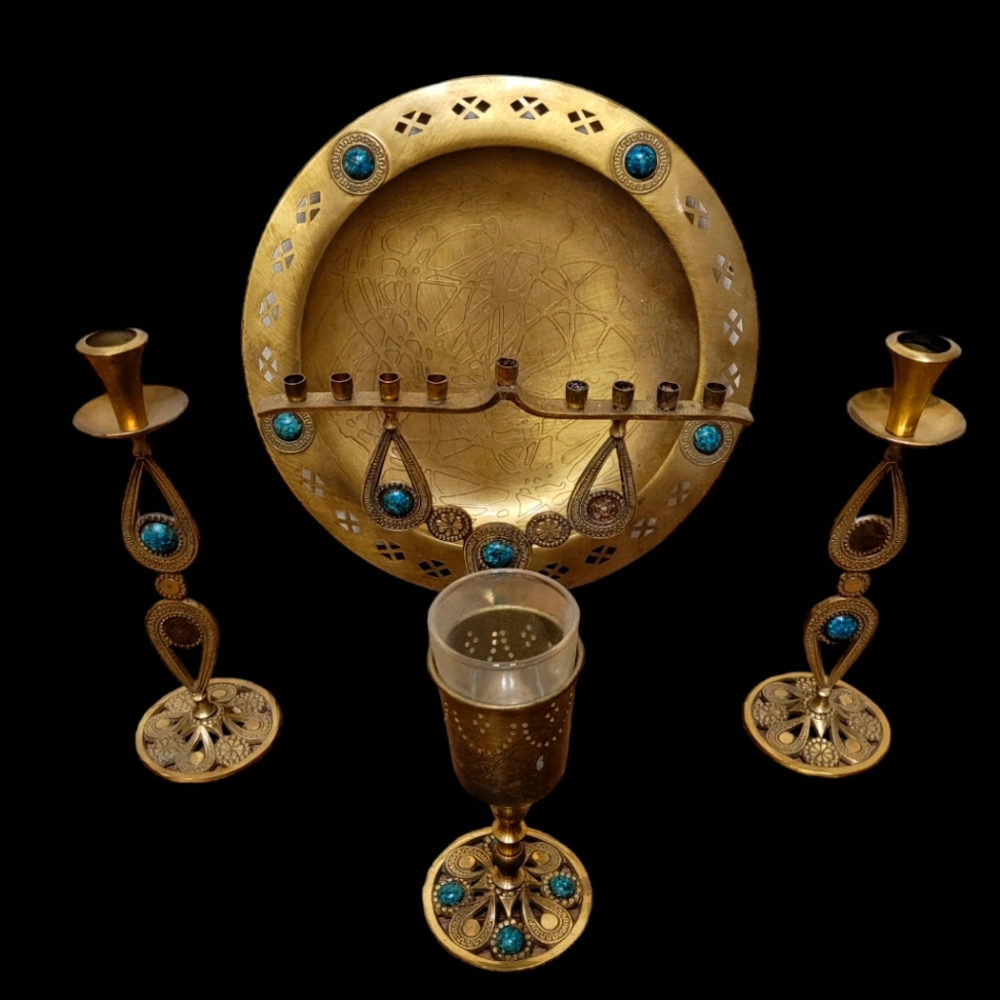 5pc Vintage Brass Menorah / Candle Holder / Plate / Goblet / Made In Israel